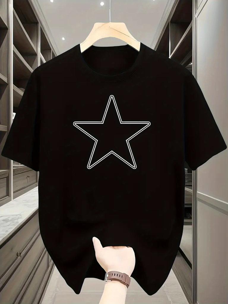 Five-pointed Star Graphic Print T-shirt, Short Sleeve Crew Neck Casual Top for Summer & Spring T-shirt for Men