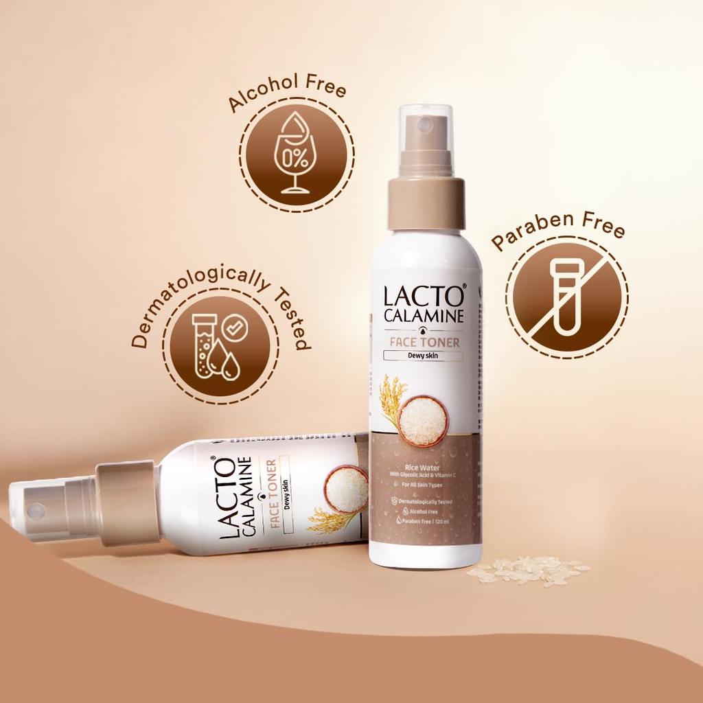 Lacto Calamine Rice Toner 120ml Pack of 1 | Face Toner for Glass Skin with Vitamin C & Niacinamide
