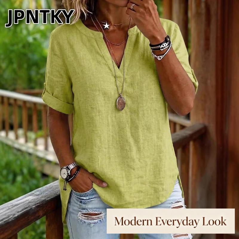 JPNTKY Women's Fashion Casual V-Neck Short Sleeve Blouses & Shirts