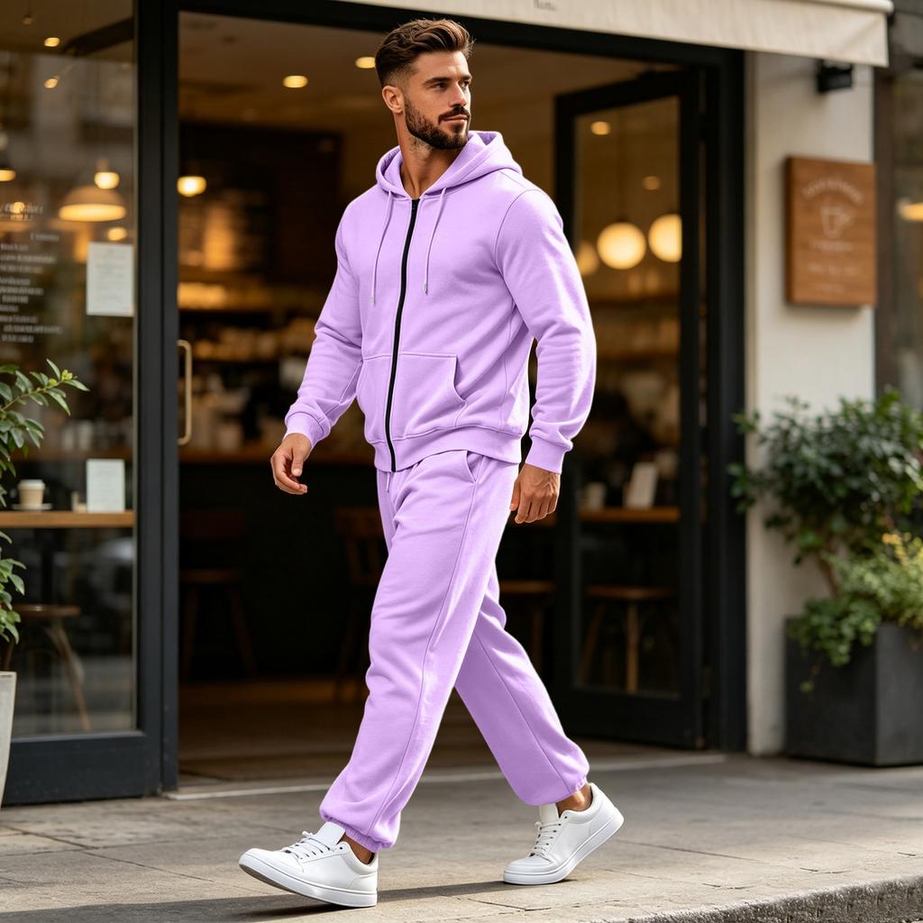 Men's Zip-Up Hoodie and Jogger Set with Multiple Pockets for Activewear