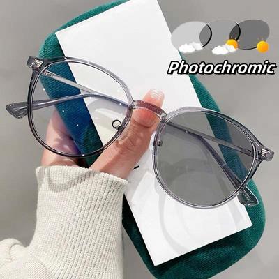 Intelligent Color Changing Myopia Eyewear Round Frame Ultra Light Photochromic Glasses Fashion High Definition Computer Goggle
