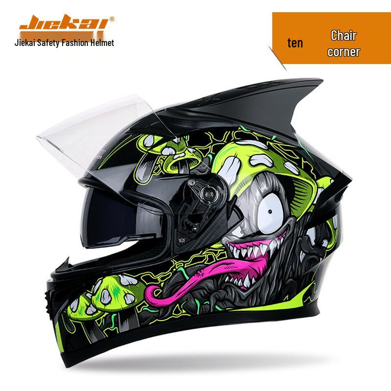 Jiekai Full Face Flip-Up Motorcycle Helmet for Men & Women with Horn Design - All Season Racing Safety Helmet.