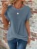 Solid Color Round Neck T-shirt with Twist Hem - Women's Elegant Spring/Summer 2025 Collection