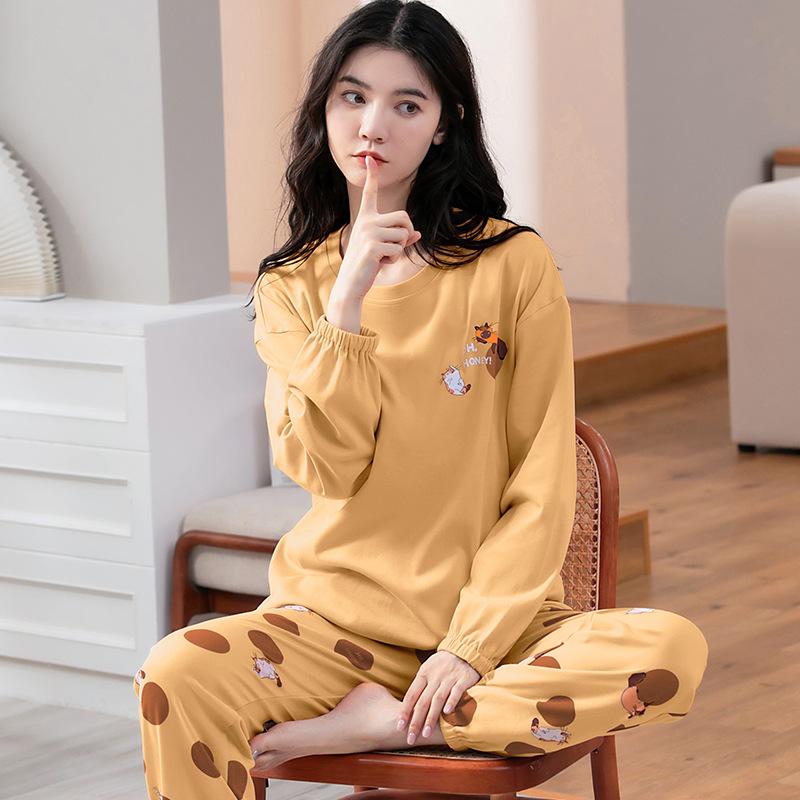 Ensemble de Pyjama pour Femme 100% Coton – Respirant, Absorbant la Sueur, Manches Longues Col Rond pour Porter à l'Intérieur et à l'Extérieur (Automne hiver)