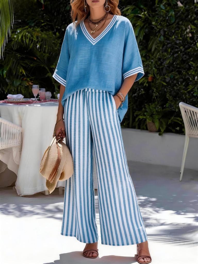 New Arrival Women's Casual Striped Comfortable Loose V-Neck Two Piece Set