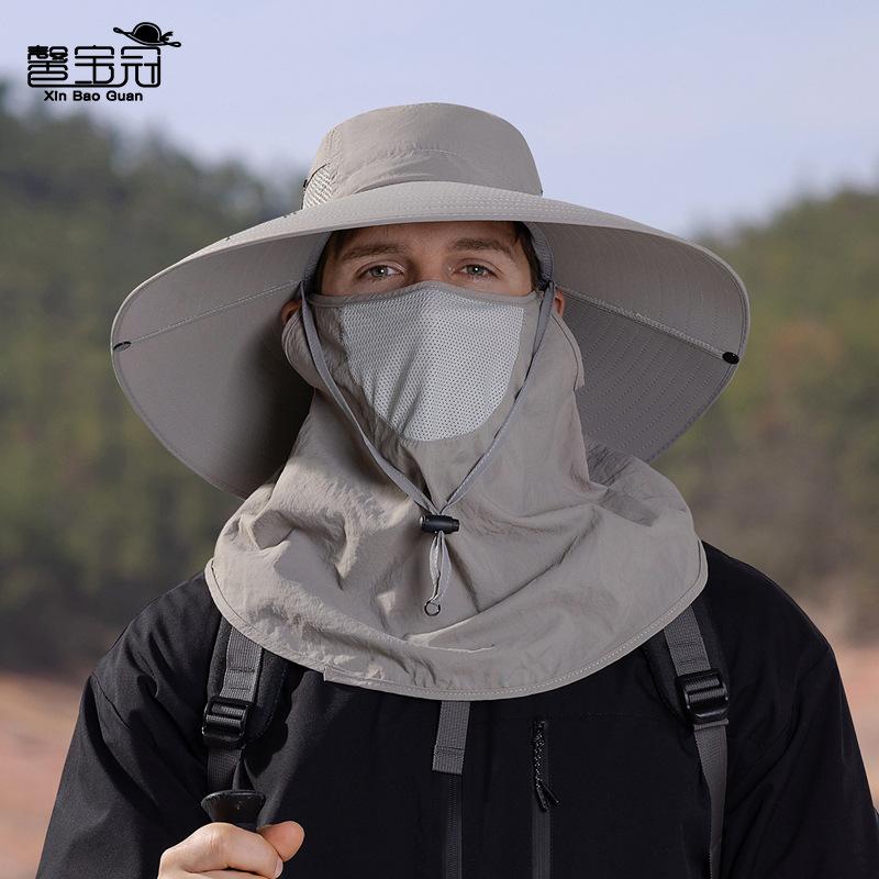 9252 summer big brim bucket hat men's mountaineering fishing breathable sunscreen sunshade mask hat set