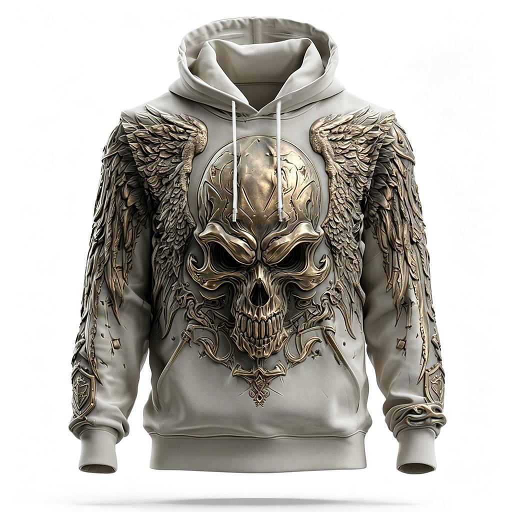 Men's Winged Wolf Skull 3D Effect Full Print Hoodie Halloween Gothic Long Sleeve Pullover Sweatshirt For Streetwear