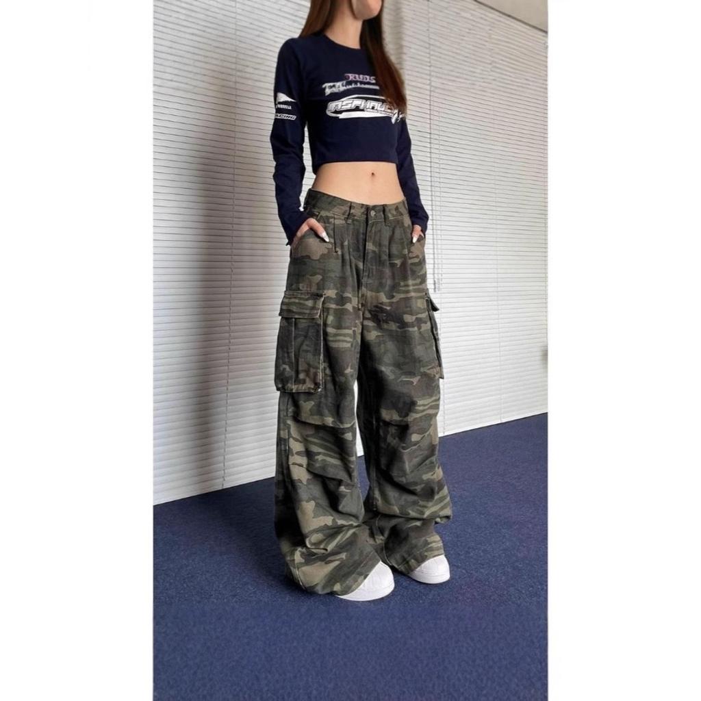 LUXEON Militärgrüne Damenjeans Hohe Taille Vintage Gerade Baggy Y2K Denimhose Hip Hop Amerikanische Mode Weiter Bein Denimhose