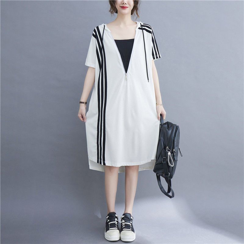 

Oversize Women s Clothing Summer Cover Loose Slim Looking Fat mm 150.00kg Belly Cover Short Sleeve Fake Two-Piece Dress Export White 3XL(175-210)