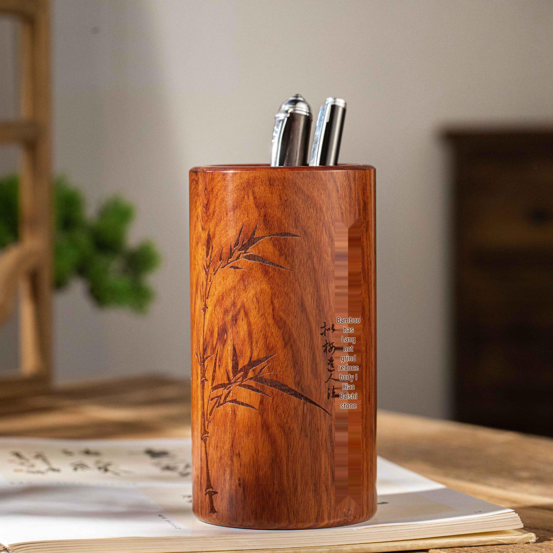 Rosewood Round Pen Holder: Solid Wood Desktop Ornament and Classical Carved Storage Gift