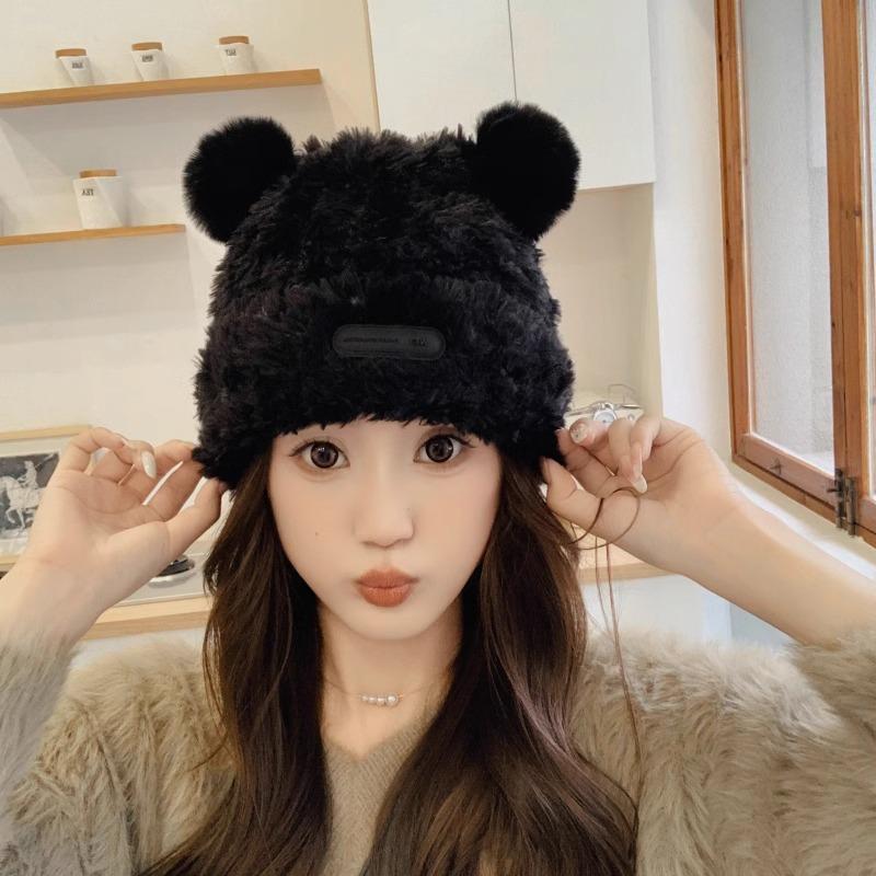 Cute Little Bear Plush Knitted Woolen Cap for Children   New Autumn and Winter Warm Fluffy Headgear and Ear Protecers