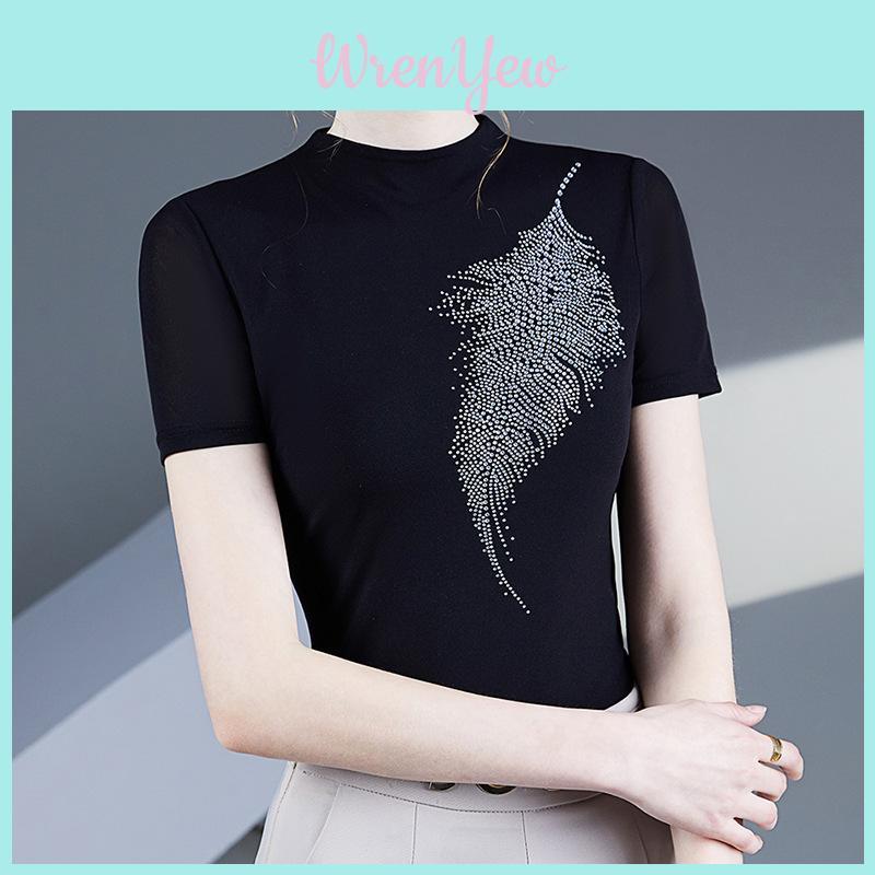 Fashion Mesh T Shirt With Rhinestone Embellishments For Summer Casual Womens Style