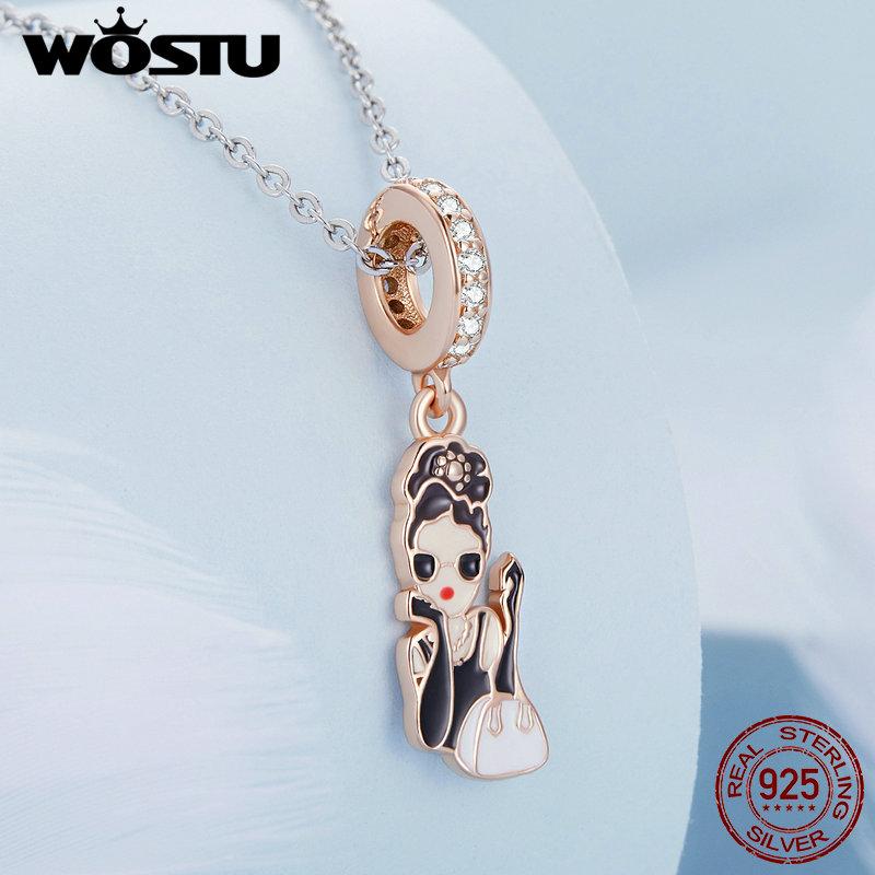 WOSTU 925 Silver Rose Gold Flower Charms Hepburn Tower Heart Beads Fit Bracelet & Necklace DIY Jewelry Making for Women