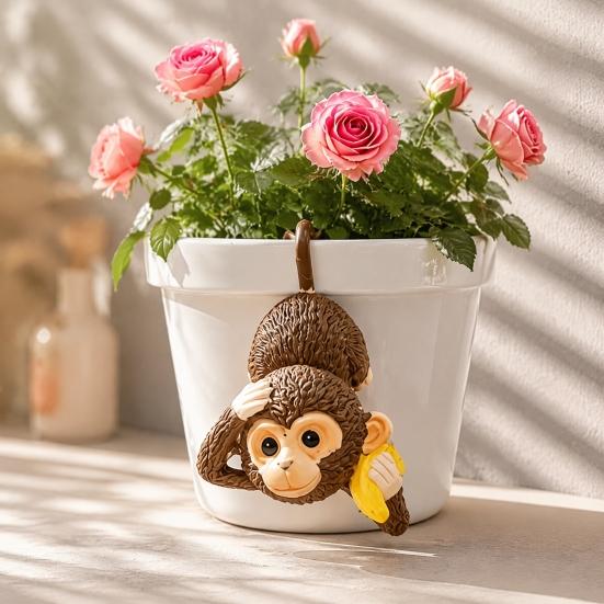 Garden Resin Statue Planter Hanging Monkey Statue, Plant Pot Hugger, Sculpture Cute Miniature Figurine for Flower Edge Decoration Weatherproof