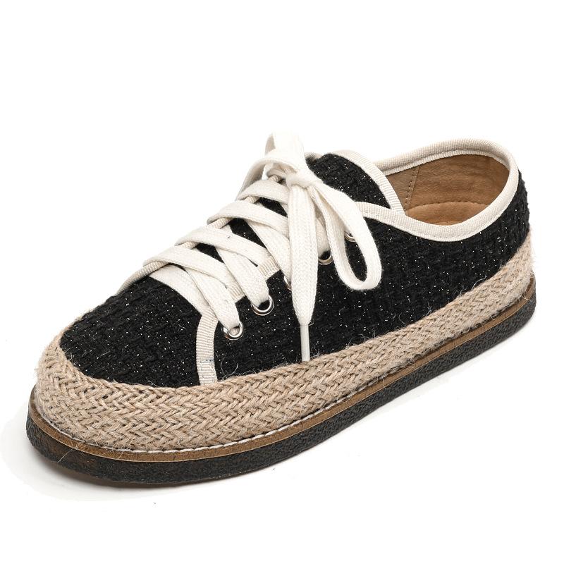 Fashion round toe sequines cloth flats women straw espadrilles shoes ladies lace up platform fisherman shoes woman moccasins big size 43