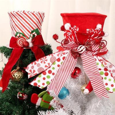Christmas Tree Top Hat Decoration Candy Stripe Bowknot Topper For Xmas Party Home Holiday Decor Festive Bowknot
