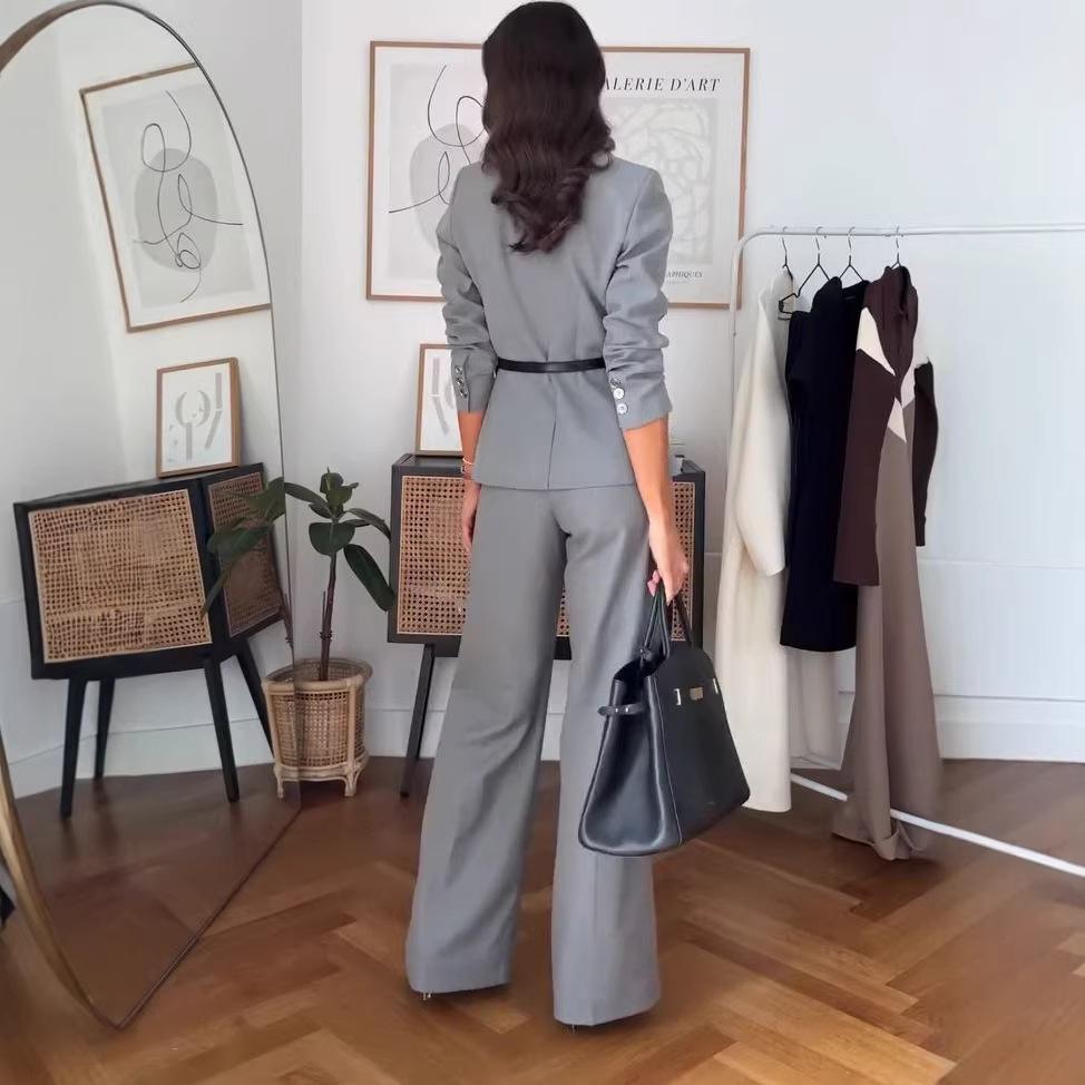 Amazon cross-border 2026 autumn new European and American square collar temperament commuter belt button wide-leg pants set