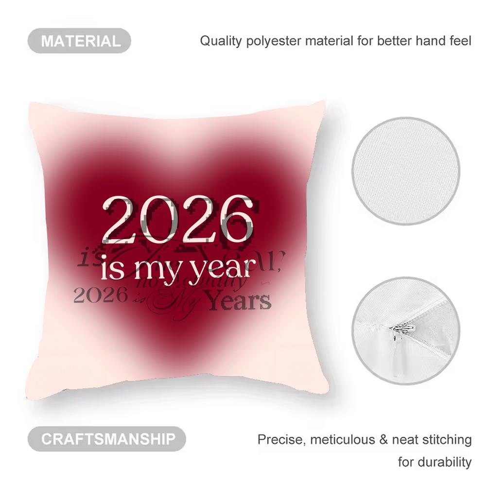 2026 Happy New Years Cushion Cover Anti-dustmite Pillowcase Invisible Zipper Silky Short Plush Sofa Cushion Cover