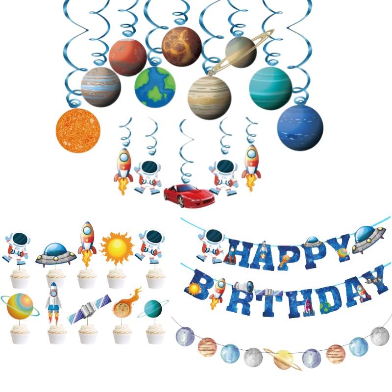 Themed Space Outer Spaceman Rocket Birthday Party Decor Set Banner Topper Cake