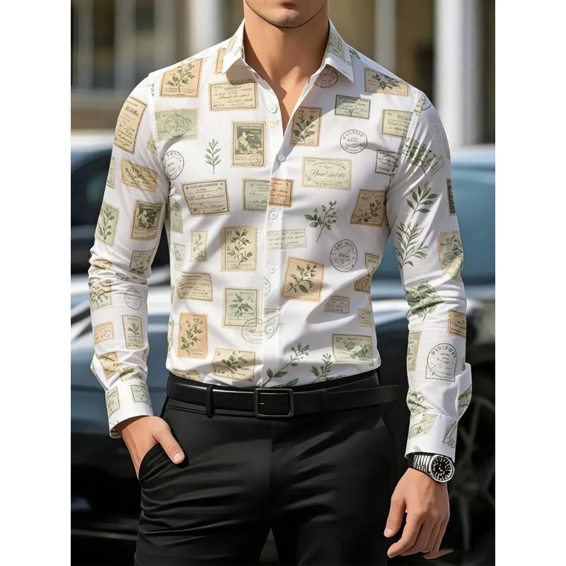 Men's Floral Printed Long Sleeved Lapel Shirt, European and American Nightclub Party Trend Casual Floral Shirt