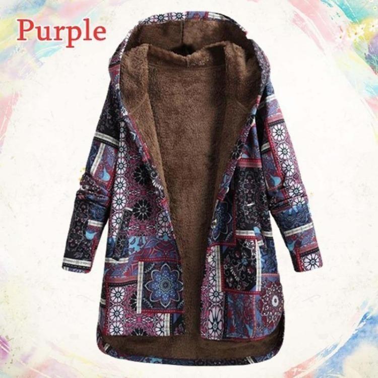 Winter Warm Damen Nationalstil Retro Langer Bedruckter Hoodie Mantel Große Größe Schlankes Temperament Oberbekleidung