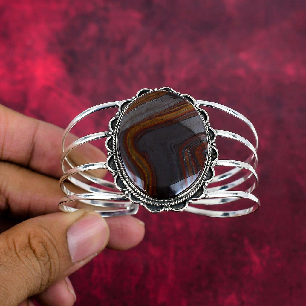 Iron Tiger's Eye Handmade Gemstone Bangle, 925 Solid Sterling Silver Bangle Unique Design Jewelry, For Thanksgiving