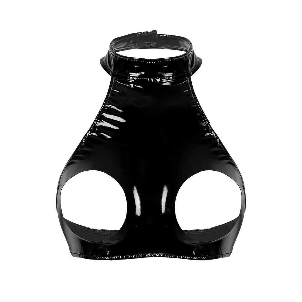 Sexy Women Wet Look Leather Cupless Cage Bra Top Sleeveless Halter Neck Backless Open Bust Crop Tank Tops Lingerie