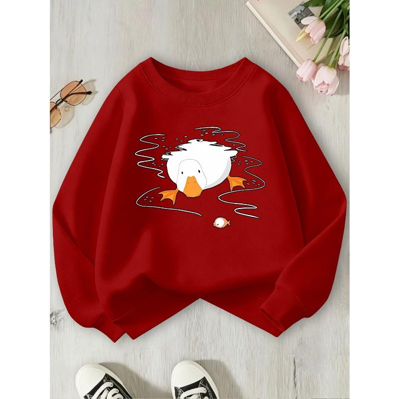 Girls' Creative "Duck Playing in Water" Element Print Crewneck Sweatshirt, Long Sleeve, Casual Style, Hand Wash or Dry Clean