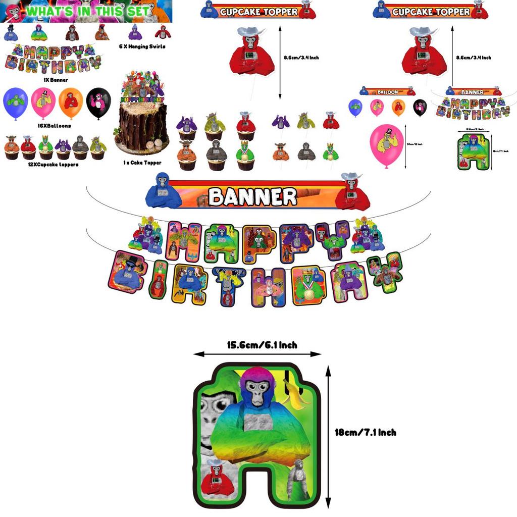 Gorilla Tag Birthday Party Decoration Set Spiral Balloon Arrangement With Cake Topper And Flag