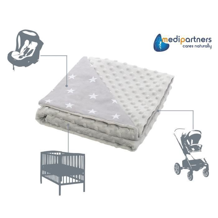 Medi Partners Couverture Bébés 100% Coton 75x100cm à Double Face pour Poussette (Étoiles Blanches et Minky Gris)