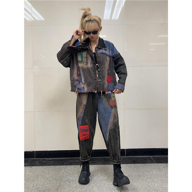Trendy and cool fashion color matching printing old denim suit autumn dress new loose personality Harlan pants two-piece set