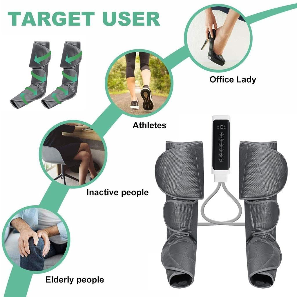 24W Electric Leg Air Compression Massager Heated for Foot & Calf Thigh Blood Circulation with Handheld Controller 360° Wrap Massager Boots