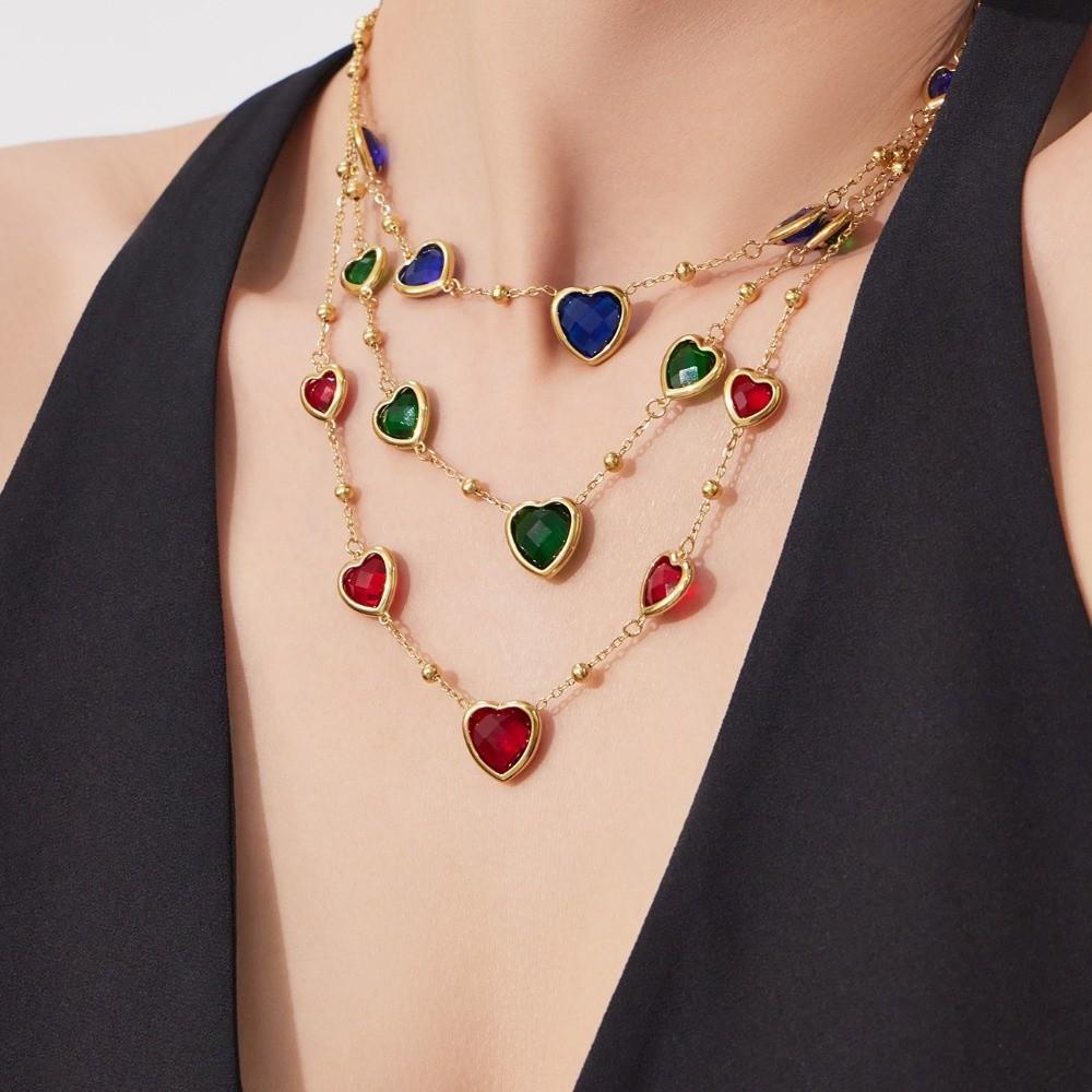 Vintage Heart Glass Necklace Stainless Steel Earrings Hand Chain Heart-shaped Jewelry Set  Gift