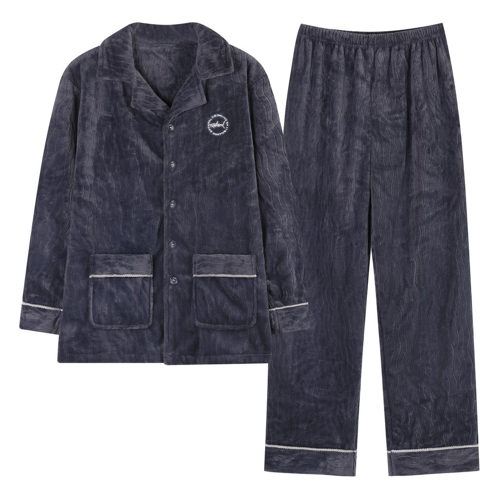 Coral fleece pajamas men's winter thickened fleece simple flannel warm can be worn outside autumn and winter loungewear suit