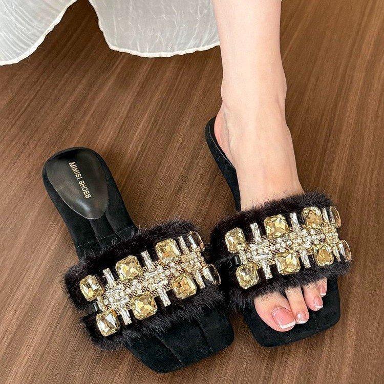 Retro exquisite rhinestone one-word women's autumn light luxury thick heel slippers, light gem square head slippers