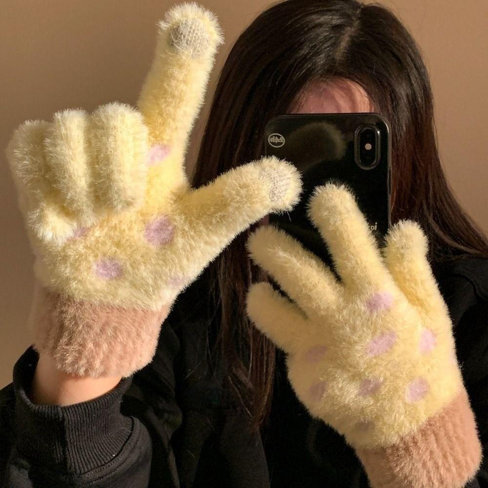 Polka Dot Five-Finger Gloves Touchscreen Warm Gloves Sweet Knitted Gloves Riding