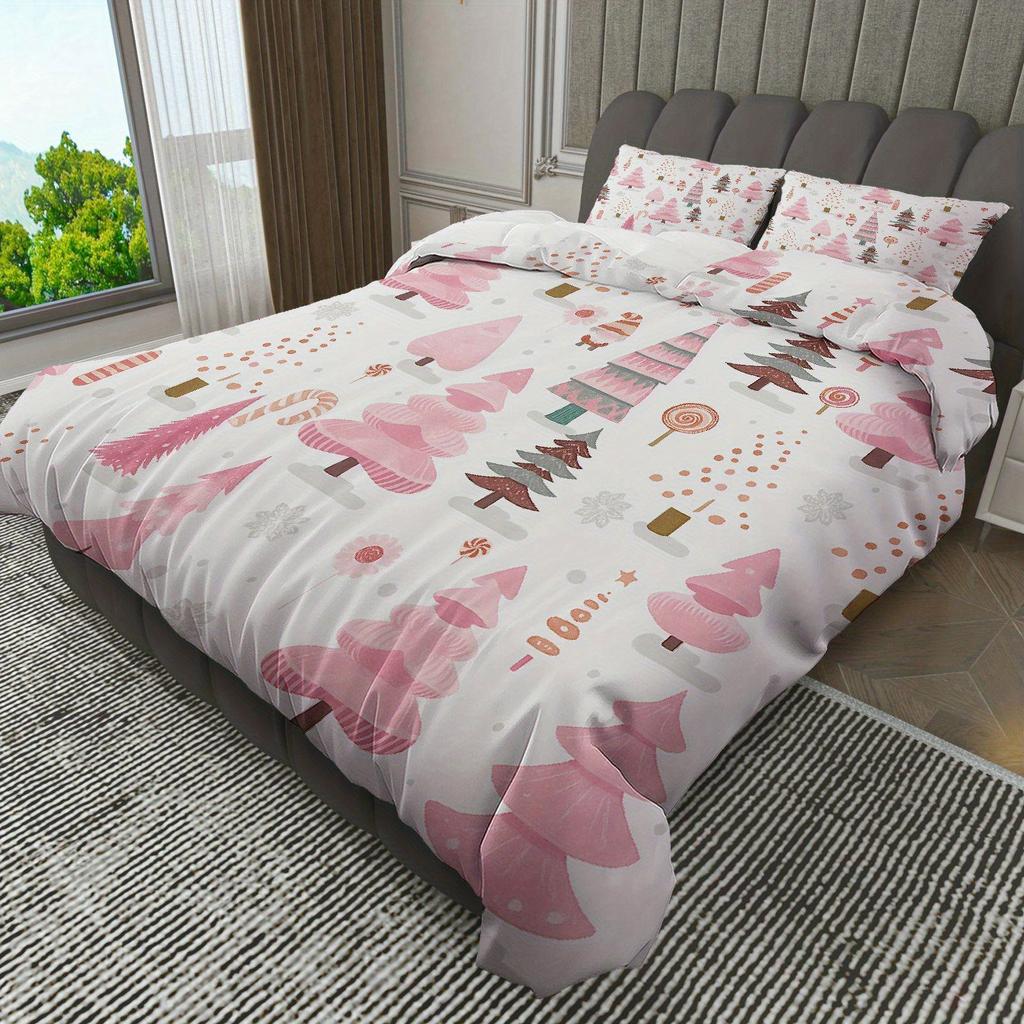 3Pcs Pink Christmas Tree & Candy Snowflake Duvet Cover Set - Soft Comfortable Polyester Bedding With Zipper Closure