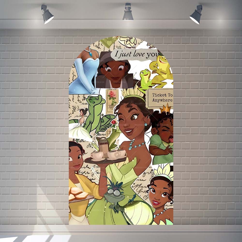 Prinzessin und der Frosch Tiana Bogen Hintergrund Mädchen Geburtstagsparty Dekoration Hintergrund Babyparty Arrangement Requisiten Stretch Stoff 1.6x3.9ft(50x120cm) brown