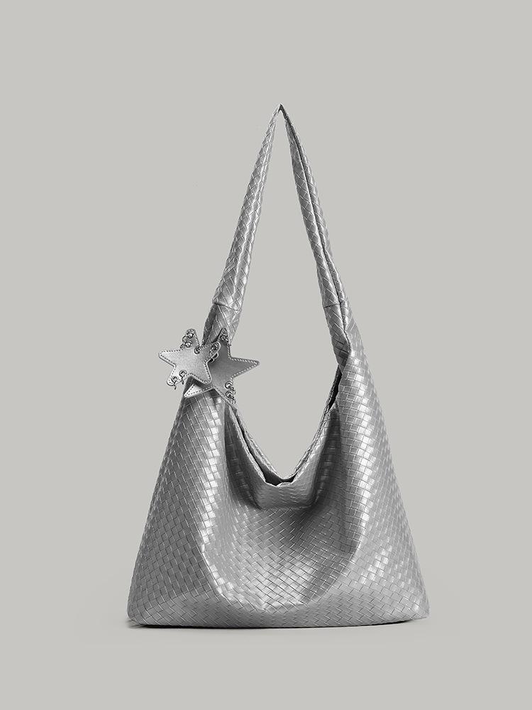 

Gun gun same champagne color woven tote bag women s large capacity large bag high-end feeling portable shoulder bucket bag серебряный