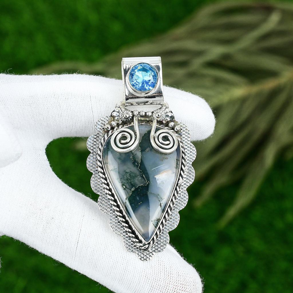 Sterling Silver Solar Moss Agate Stone Blue Topaz Sister Anniversary New Pendant