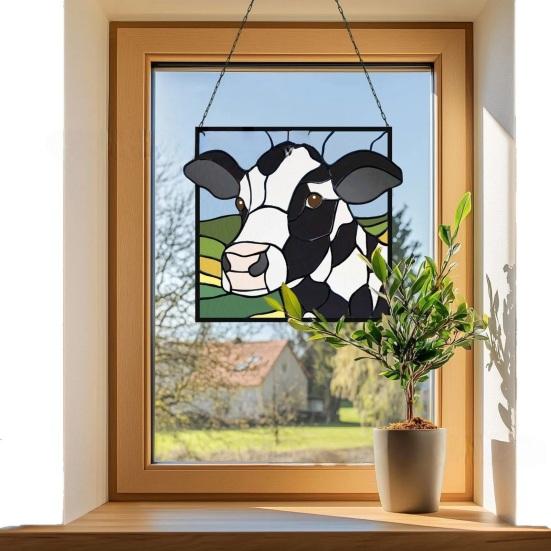 Handcrafted Black White Cow Suncatcher Stained Glass Style Window Hanging Panel 2D Acrylic Cow Ornament for Farmhouse Window Wall Decor Gift for