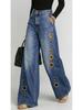 Damen Jeans mit Hoher Taille und Weitem Bein Blaue Denim Goldene Ösen Cutout Dekor Lockerer Schnitt Streetwear Lässig Y2K Denim Hose