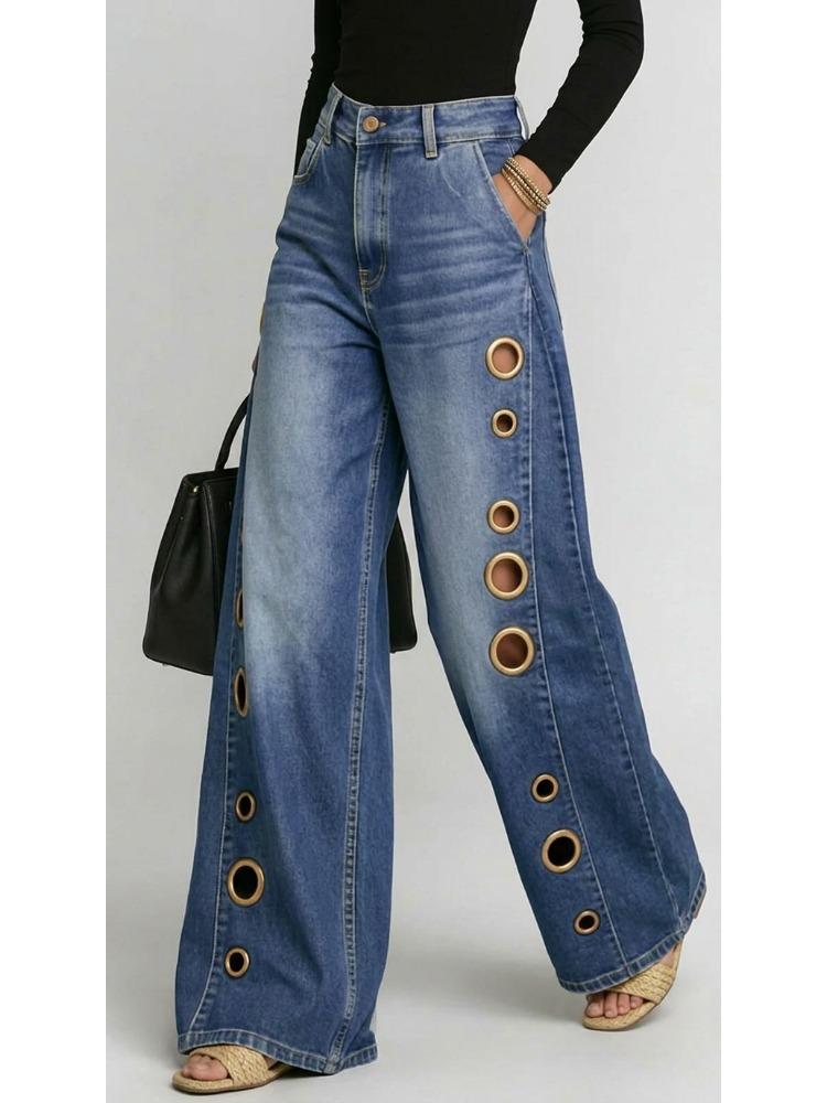 Damen Jeans mit Hoher Taille und Weitem Bein Blaue Denim Goldene Ösen Cutout Dekor Lockerer Schnitt Streetwear Lässig Y2K Denim Hose