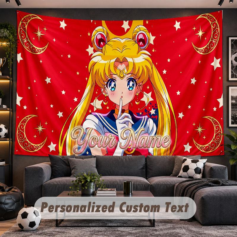 Wall Hanging Tapestry Custom NameSailor Moon Pattern Personalized Printed Fabric Wall Decor