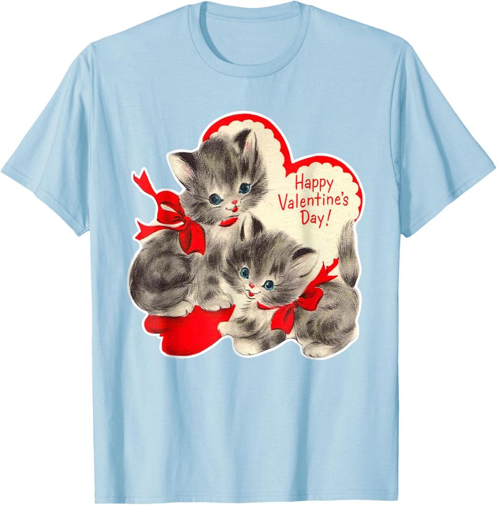 Vintage Kitten Valentine Graphic T-Shirt Retro Holiday Print Soft Cotton Casual Daily Tee