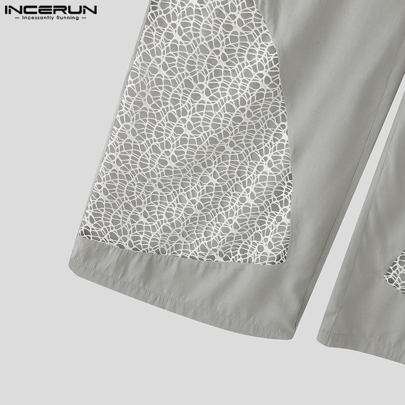 INCERUN Men Zip-up Waist Hollow Mesh Hem Patchwork Long Pants Trousers