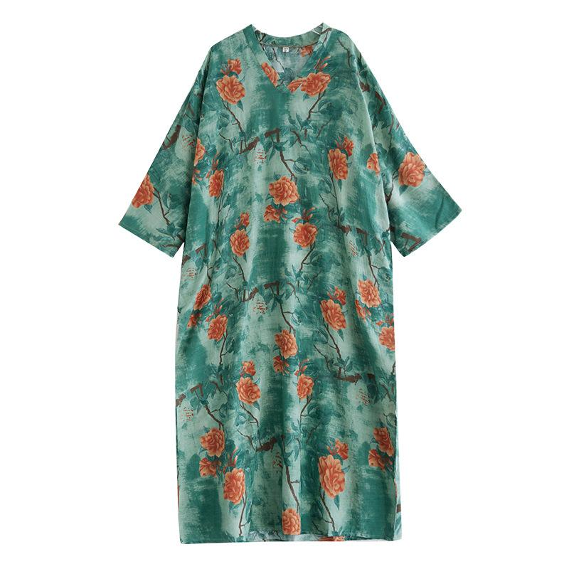 Early Spring Loose Casual Vacation Style V-neck Retro Mid Length Covered Cotton Linen Dress