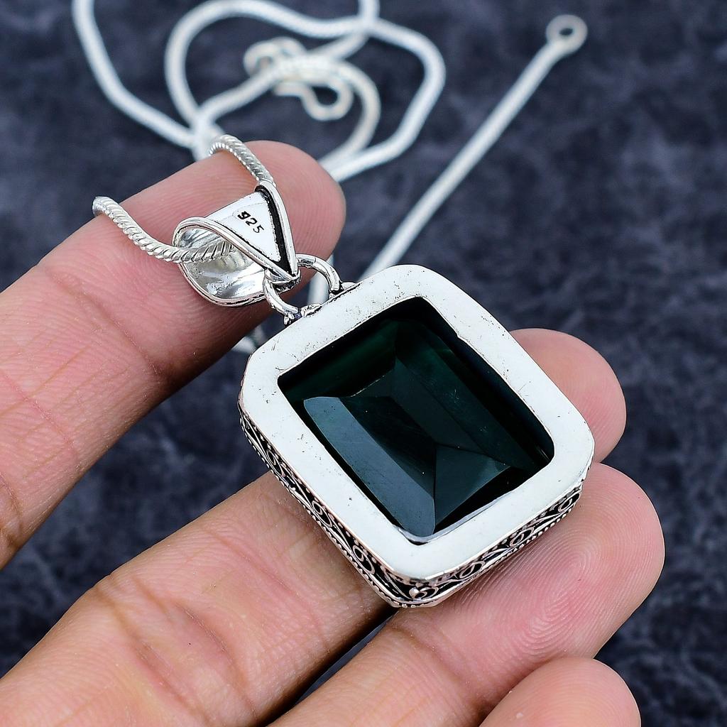 Black Spinel Gemstone Handmade 925 Sterling Silver Jewelry Pendant 1.81" M-3224