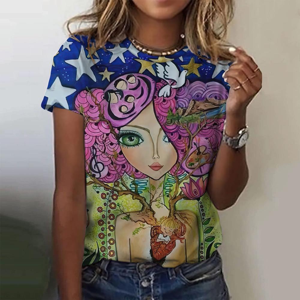 Summer Fashion Top Women 3d Floral T-Shirts Girls Face Painting Harajuku Colorful Beautiful Short Sleeve Tees Oversized Clothing