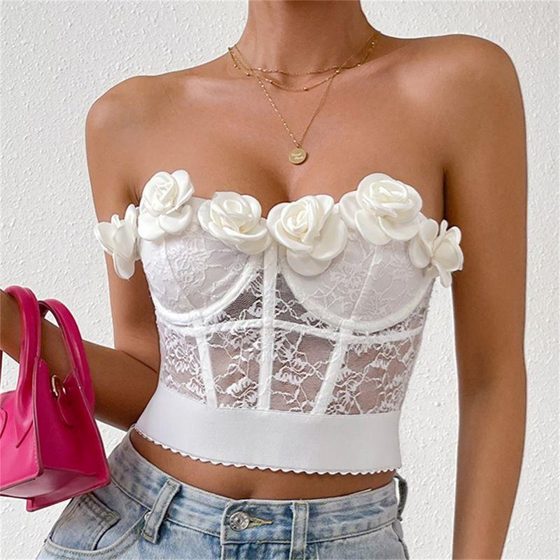 

Иначе Европейская и американская женская одежда Новая сексуальная милая стальное кольцо на косточках кружевной бюстье трехмерный цветок топ-труба короткий жилет женский White L